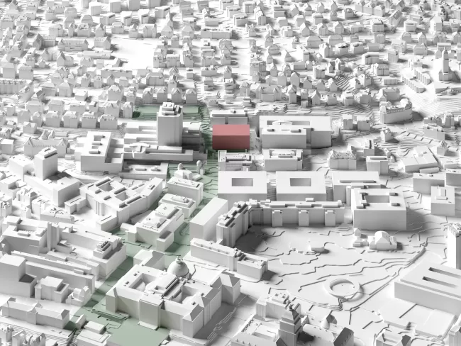 Site model; Knowledge and healthcare cluster of the Hochschulgebiet Zürich Zentrum, with the University Hospital Zurich, the University of Zurich and ETH Zurich. Red volume: New Building for Diagnostic and Laboratory Medicine, University Hospital Zurich.
