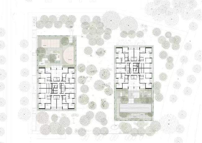 plan; the arrangement of the buildings creates continuity between surrounding open spaces and internal gardens, allowing the landscape to extend throughout the site. At its centre, the “Stadtparkett” forms the project's primary public realm, from which a sequence of interconnected spaces unfolds.