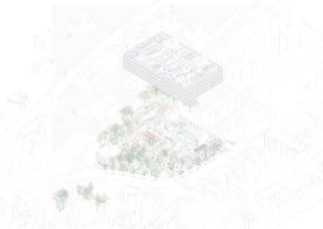 Axonometrie Neubau Campus Platztor