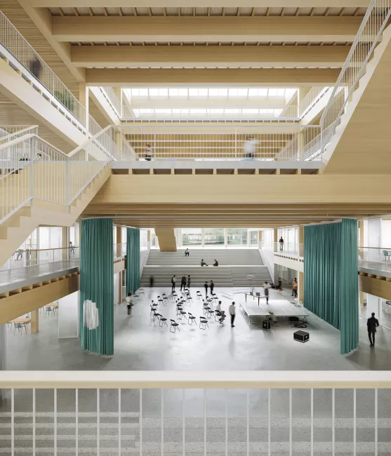 Blick auf den Marktplatz; Marktplatz, Foyer und Forum bilden das kommunikative Zentrum und einen architektonischen Knotenpunkt mit vielseitigen, kombinierbaren Nutzungen. Die offene Treppe dient zugleich als Verbindung und Tribüne für formelle und informelle Nutzung., Bild: ethandeclerk