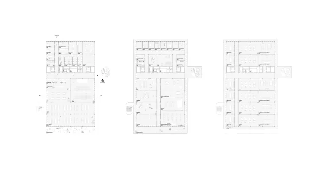 Grundrisse Publikumsgebäude, von links: EG, 1. OG, 2. OG