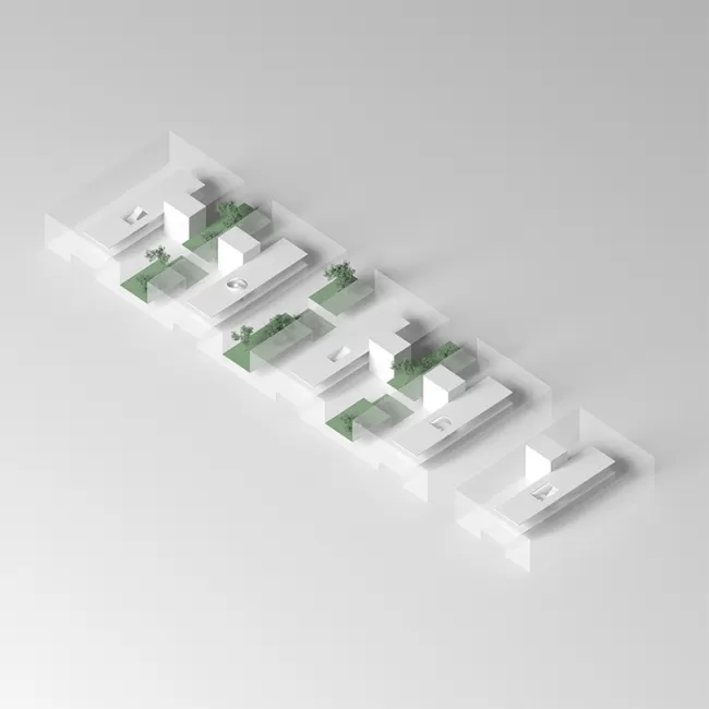 Das Schulhaus: Sockelbau mit zweigeschossigen Hochpunkten
Das Schulhaus unterscheidet typologisch den Sockelbau und die Obergeschosse. Im Sockelgeschoss sind alle Räume für den naturwissenschaftlichen und den gestalterischen Unterricht untergebracht. In den Obergeschossen befinden sich die einzelnen Lerncluster der allgemeinen Unterrichtsräume.