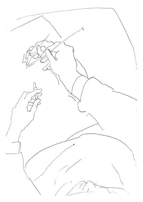 Invitation Card Exhibition Opening: Álvaro Siza. Self-portrait sketching, 1980. felt pen on paper, A4 (from: notebook 51, p. 22), © Drawing Matter Collections