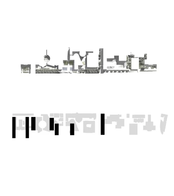 above: Enfilade of urban spaces along the 'high bank', below: position of the new State Library 