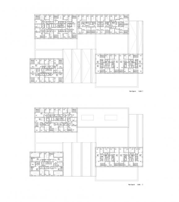 Typischer Grundriss Obergeschoss Typ A; rechts unten: Typischer Grundriss Obergeschoss Typ B