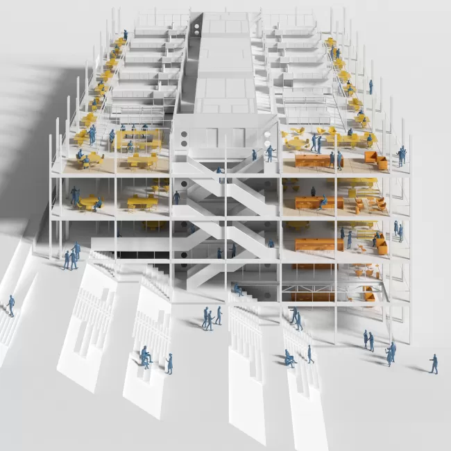 Diagram; Stair system from exterior to interior vertical connectivity and platforms.