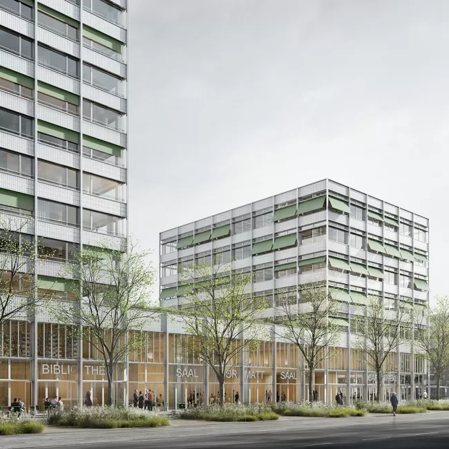 Blick vom Bushof auf das neue Zentrum Dorfmatt und die Passage als Verbindungsraum zu den Sälen., Bild: Filippo Bolognese Images