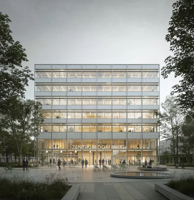 Blick vom Dorfmattplatz zum Haupteingang der neuen Gemeindeverwaltung, Bild: Filippo Bolognese Images