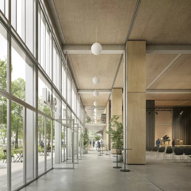 Blick vom Foyer und der Passage in die Aula.